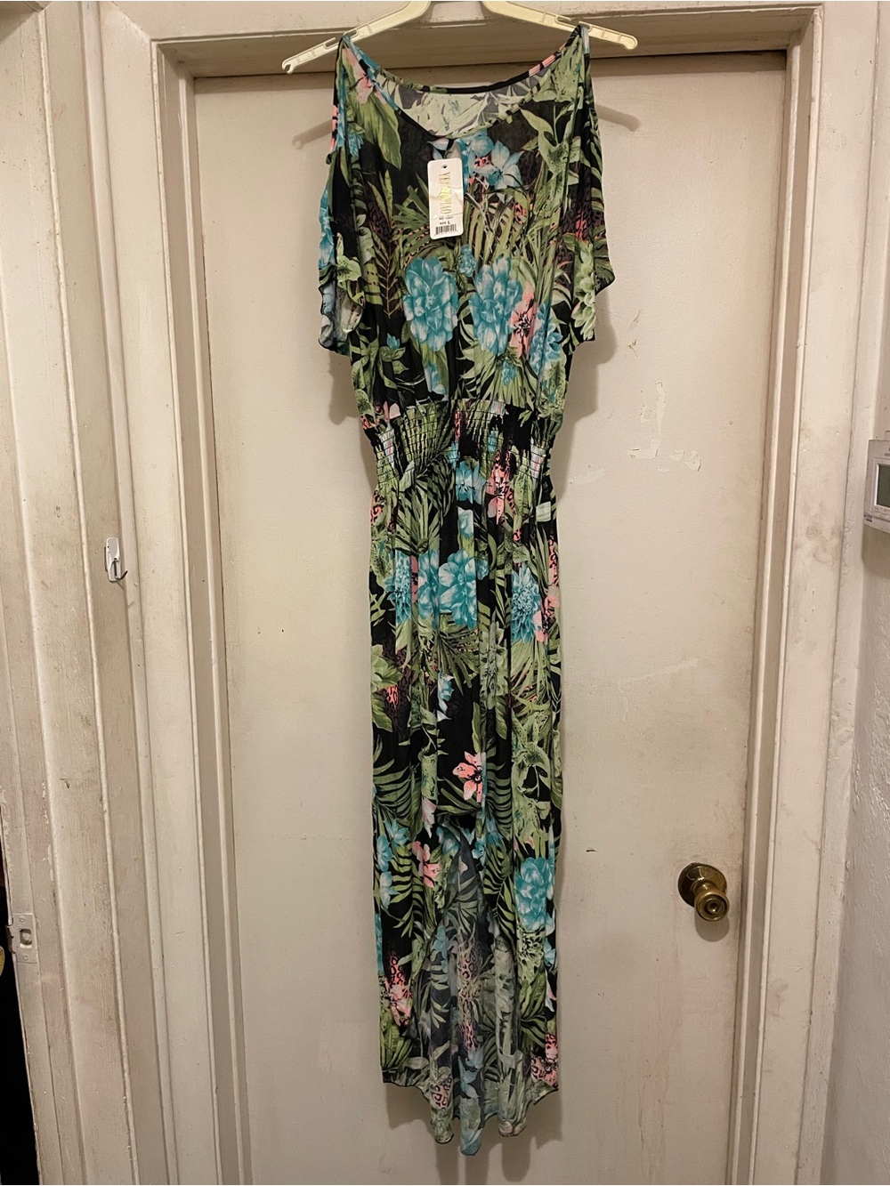 Women’s Tropical Floral Maxi Dress Round Neck Batwing Smocked L